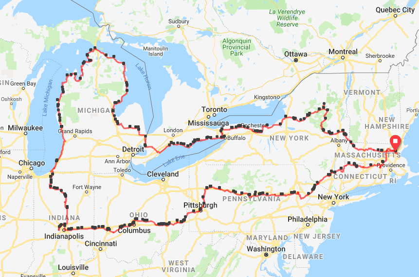 2018 cycle tour track Boston to Lake Huron and Lake Michigan coastline to Indianapolis to Boston